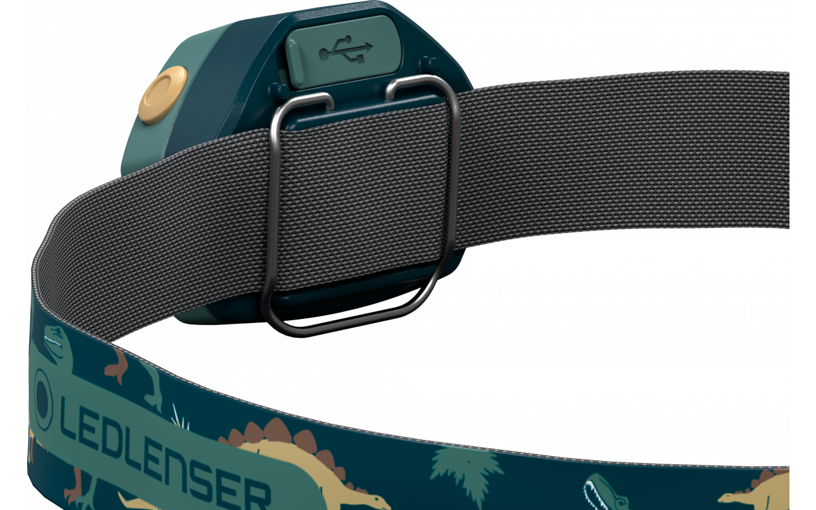 Kopfband mit schwarzem Gurt und grünem Gehäuse, das eine USB-Ladebuchse zeigt