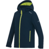 Dunkelblaue Softshell-Jacke mit Kapuze, durchgehendem gelbgrünem Reißverschluss, zwei frontalen Reißverschlusstaschen, weißem Logo auf der Brust, Berggrafik am linken Ärmel und verstellbaren Klettbündchen