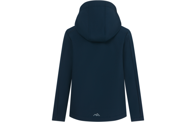 Rückenansicht einer dunkelblauen Kapuzenjacke auf weißem Hintergrund, lange Ärmel, sichtbare Nähte und kleines weißes Berg-Logo am unteren Rücken