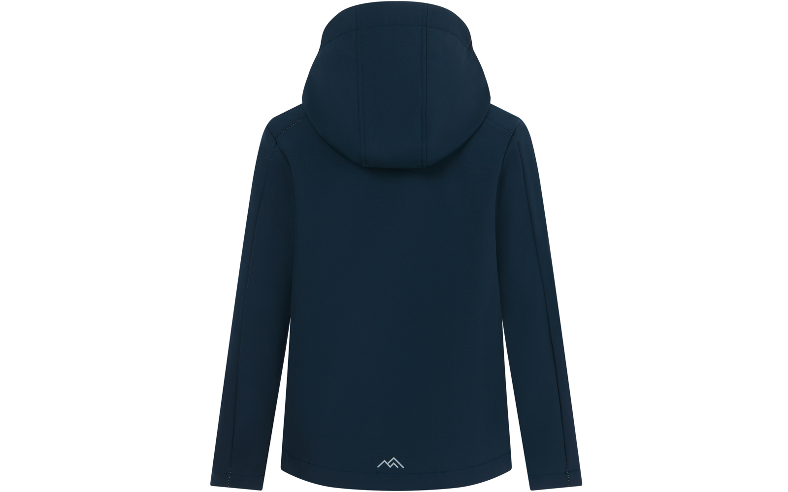 Rückenansicht einer dunkelblauen Kapuzenjacke auf weißem Hintergrund, lange Ärmel, sichtbare Nähte und kleines weißes Berg-Logo am unteren Rücken