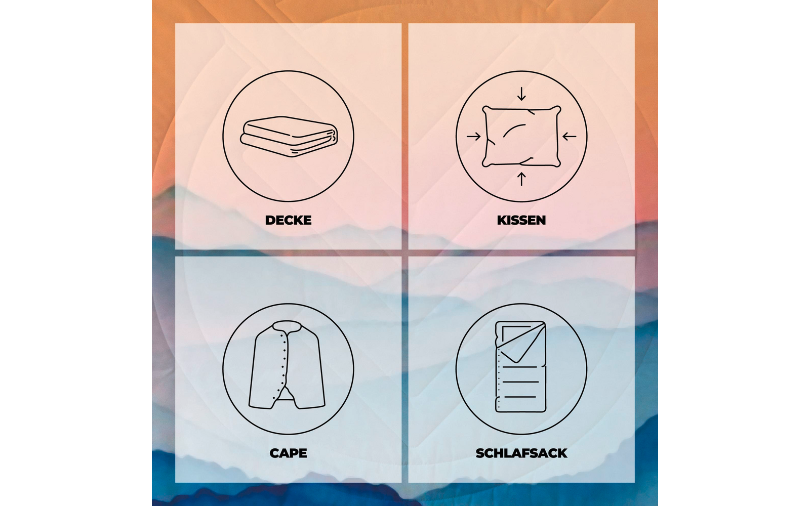 Vier Quadrate in einem 2x2-Raster, in jedem ein schwarzer Kreis mit einfachem Icon: oben links gefaltete Decke, oben rechts Kissen mit Pfeilen, unten links Cape mit Knopfleiste, unten rechts Schlafsack mit Reißverschluss. Unter den Kreisen die Wörter