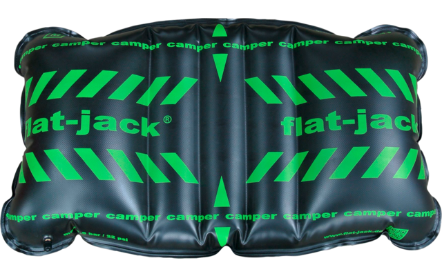 Schwarzer, aufblasbarer Wagenheber mit grünen Streifen und Aufschrift 'flat-jack' vor Autoreifen