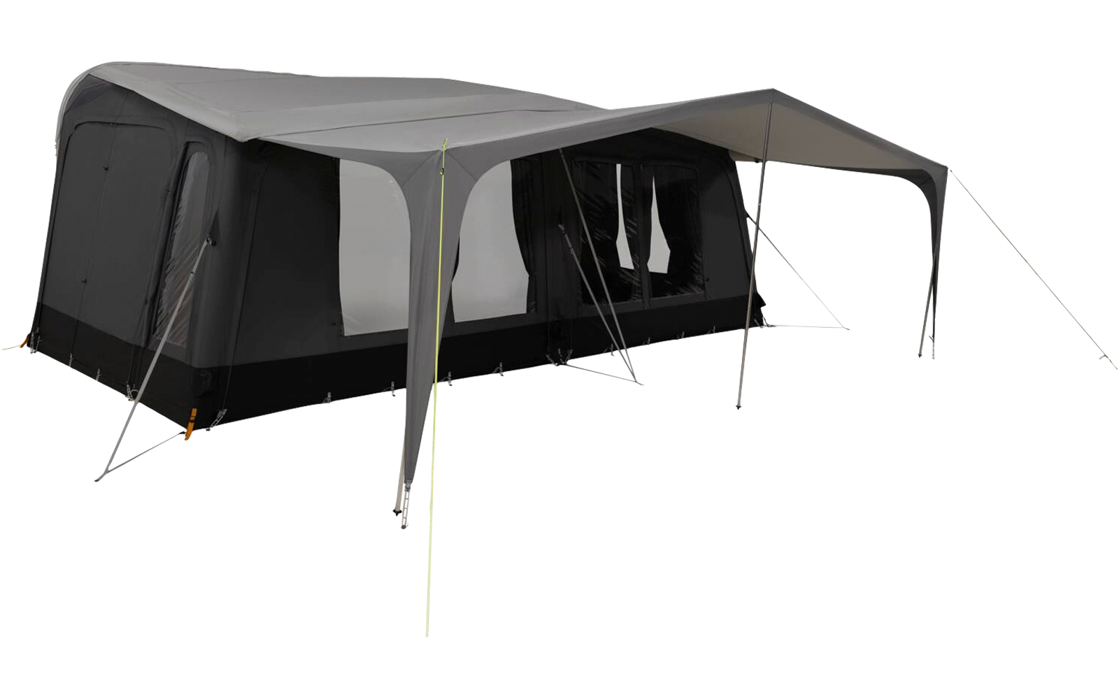 Tienda grande gris y negra con toldo lateral, varias ventanas, tensores y postes sobre fondo blanco