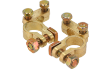 Due morsetti per batteria in metallo color oro con viti e dadi
