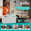 Frau sitzt auf der Stufe eines Wohnwagens mit offenem Laptop auf dem Schoß; im Vordergrund weißes Routergerät mit Aufschrift 'cello'; oben rechts Schriftzug '5G Highspeed Internet Bis 3600 Mbit/s' und 5G- und WiFi6-Icons; unten fünf kleine Vorschaubi