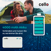 Zwei lächelnde Personen vor einem Zelt, große Batterie-Ikone, sichtbarer Text '4000 mAh Akku' und 'Verbinden und nutzen Sie es, wo immer Sie sind.', 'cello'-Logo, weißes Gerät mit Beschriftung 'cello' und 5G/WiFi-Symbolen, blaue Leiterplattengrafik