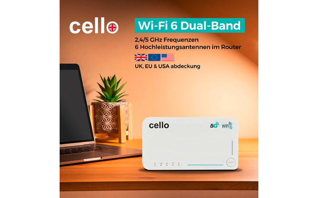 Weißer Cello-Router mit Markenlogo und kleinen Kontroll-LEDs auf einem Holztisch, links ein aufgeklappter Laptop, rechts ein Topf mit Sukkulente, orangefarbene Wand im Hintergrund sowie der sichtbare Text 'Wi‑Fi 6 Dual‑Band', '2,4/5 GHz' und UK-, EU-