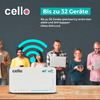 Weißer Router mit Schriftzug 'cello' und 5G- sowie Wi‑Fi6-Symymbolen auf einem Holztisch; darüber blaugrünes WLAN-Symbol; im Hintergrund fünf Personen mit elektronischen Geräten; oben rechts Text 'Bis zu 32 Geräte'
