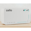 White rectangular device with 'cello' text, 5G and Wi‑Fi icons, vertical LED strip, round power button, small indicator lights and ventilation holes, on a wooden surface