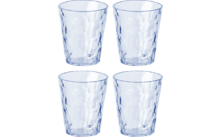 Vier durchsichtige Trinkgläser aus Glas, angeordnet in zwei Reihen mit je zwei Gläsern