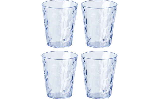 Vier durchsichtige Trinkgläser aus Glas, angeordnet in zwei Reihen mit je zwei Gläsern