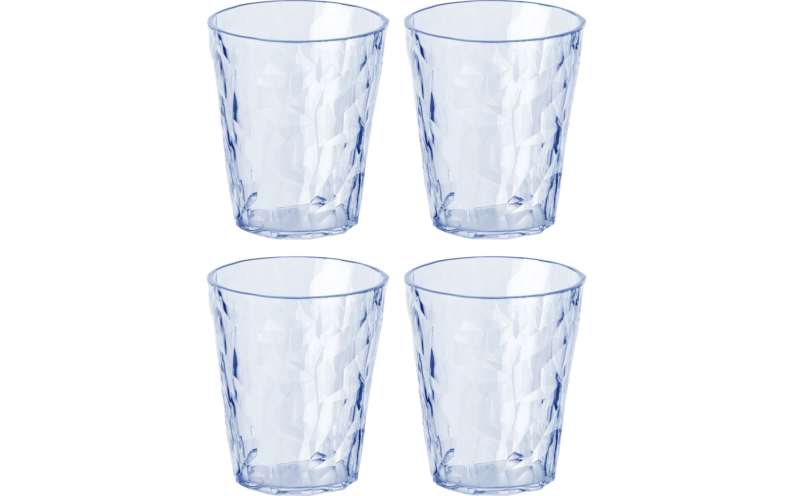 Vier durchsichtige Trinkgläser aus Glas, angeordnet in zwei Reihen mit je zwei Gläsern