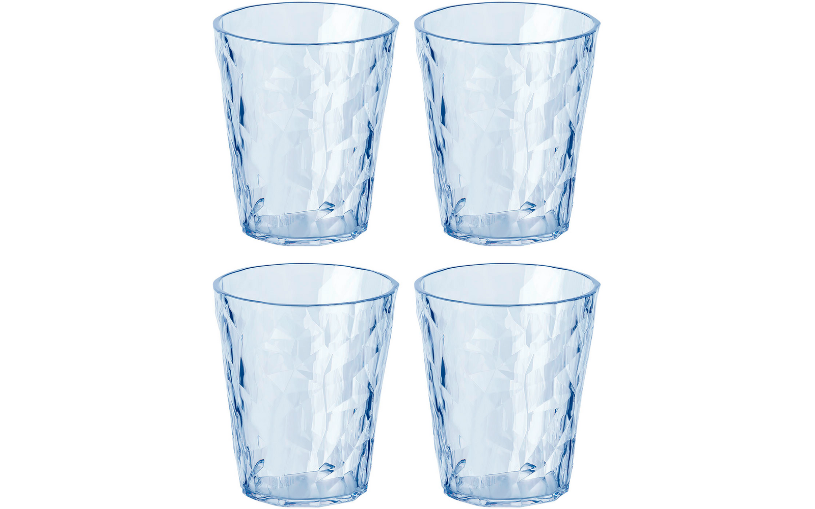 Vier doorzichtige drinkglazen, gerangschikt in twee rijen met elk twee glazen