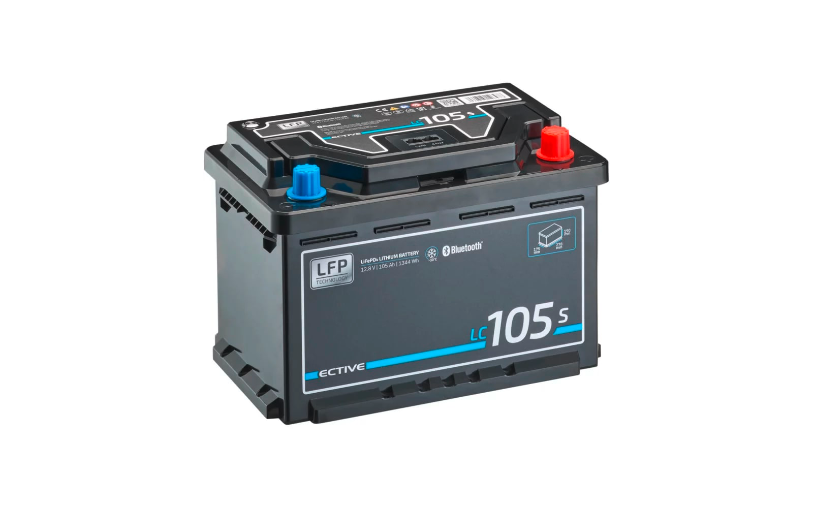 Schwarze Autobatterie mit blauen und roten Anschlüssen