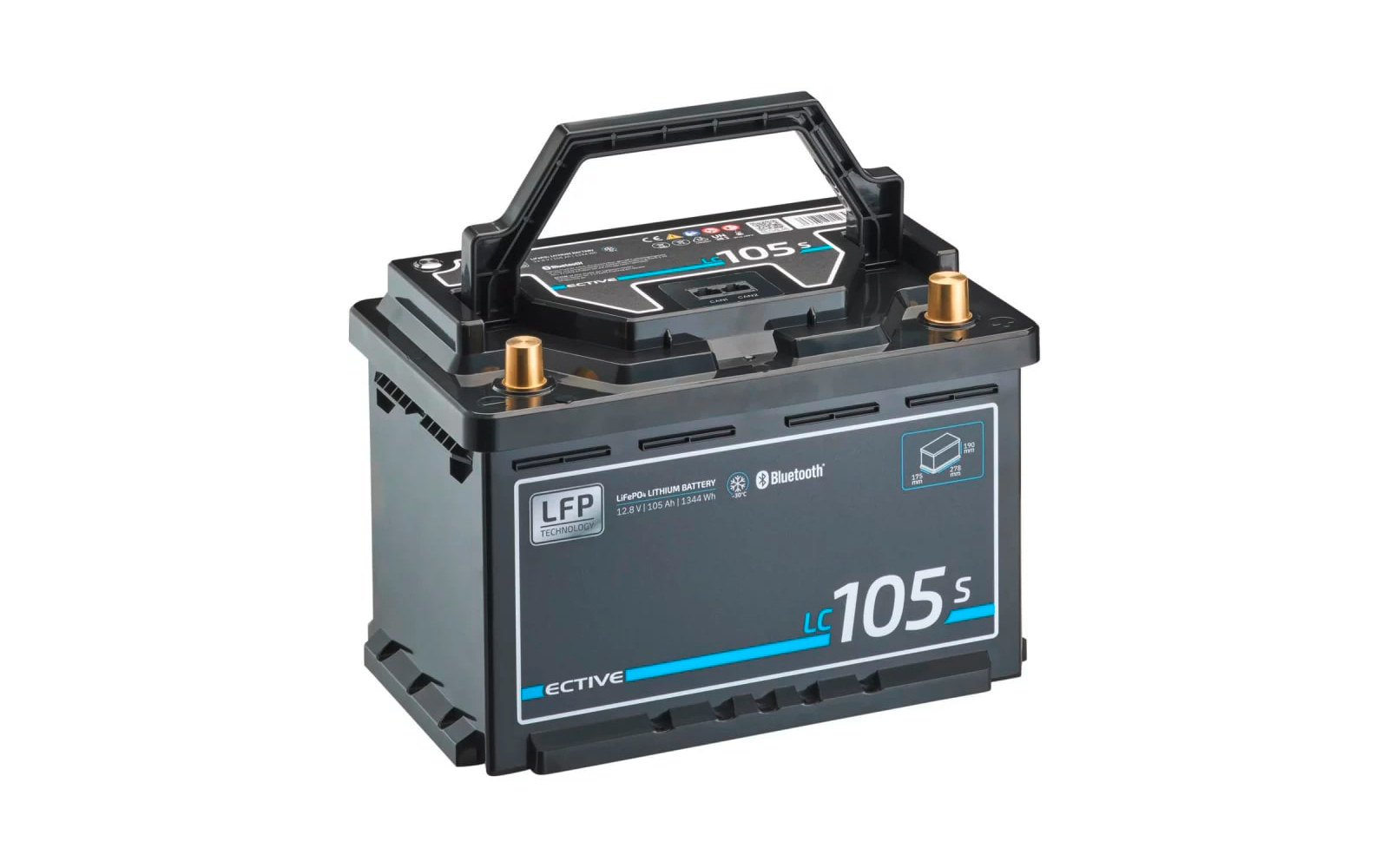 Schwarze Autobatterie mit blauem und weißem Schriftzug, Tragegriff oben