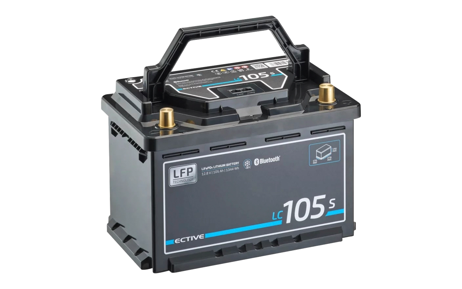 Batterie de voiture noire avec inscriptions bleues et blanches, poignée de transport sur le dessus