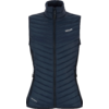 Mouwloze donkerblauwe gewatteerde bodywarmer met ritssluiting over de volle lengte, opstaande kraag, horizontale en diagonale stiksels, twee zijzakken met rits en wit logo op borst en zoom