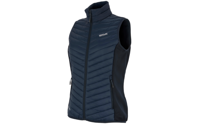 mouwloze doorgestikte navyblauwe bodywarmer met volledig ritssluiting, opstaande kraag, donkerdere zijpanelen, twee ritssluitingszakken en klein wit logo op de linkerborst