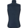 Achterzijde van een donkerblauw gewatteerd mouwloos vest met hoge kraag en klein vierkant logo boven op de rug