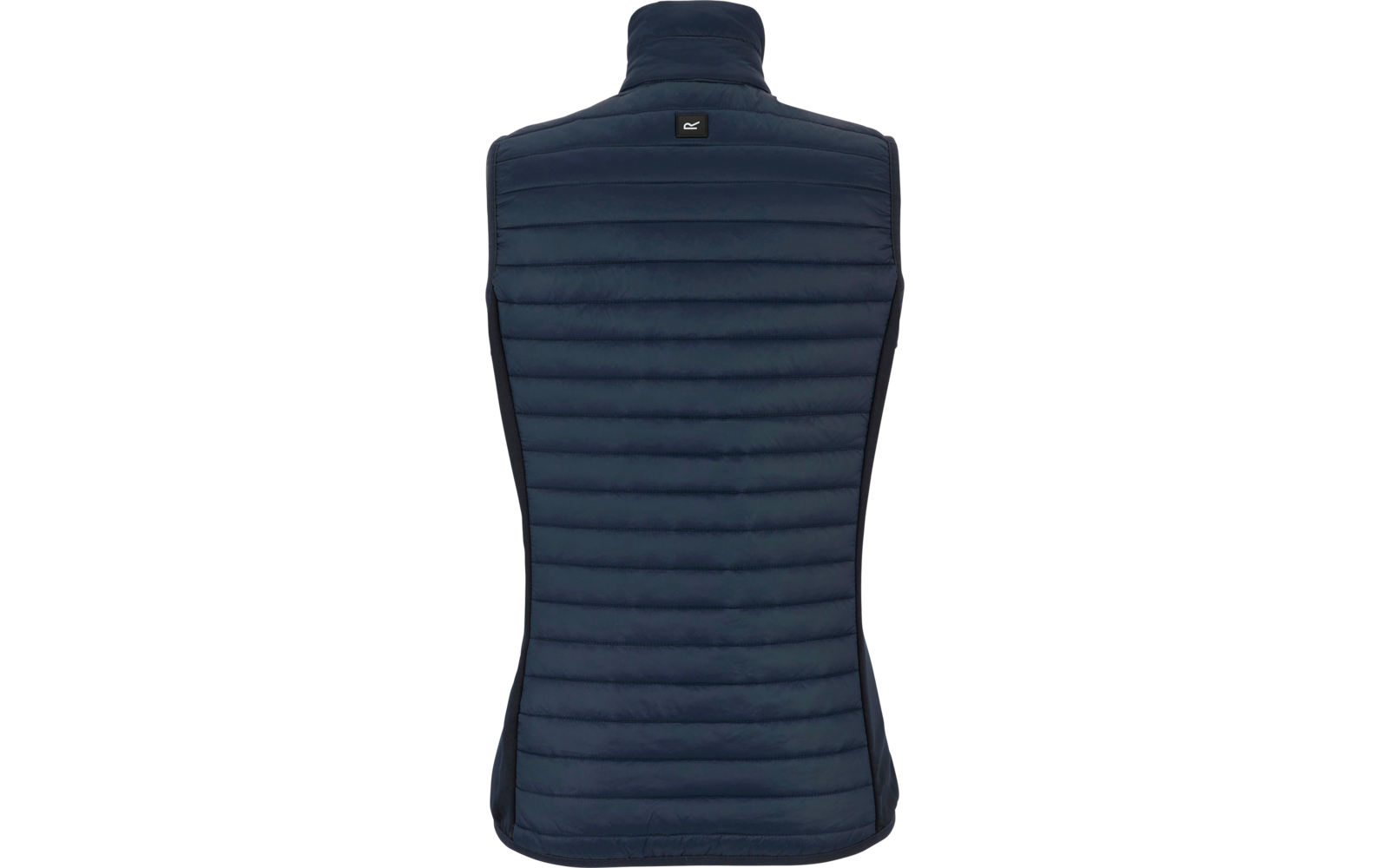 Achterzijde van een donkerblauw gewatteerd mouwloos vest met hoge kraag en klein vierkant logo boven op de rug
