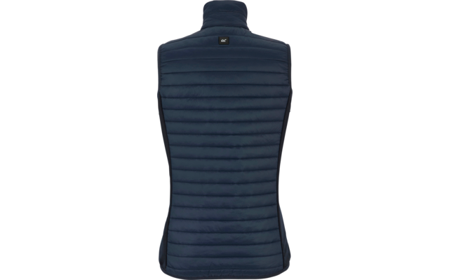 Achterzijde van een donkerblauw gewatteerd mouwloos vest met hoge kraag en klein vierkant logo boven op de rug