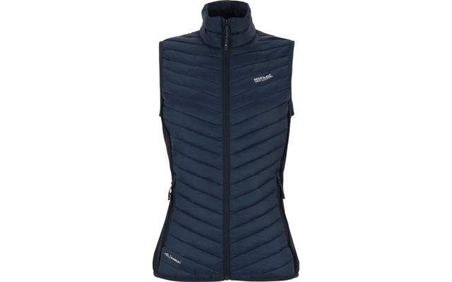 Mouwloze donkerblauwe gewatteerde bodywarmer met ritssluiting over de volle lengte, opstaande kraag, horizontale en diagonale stiksels, twee zijzakken met rits en wit logo op borst en zoom