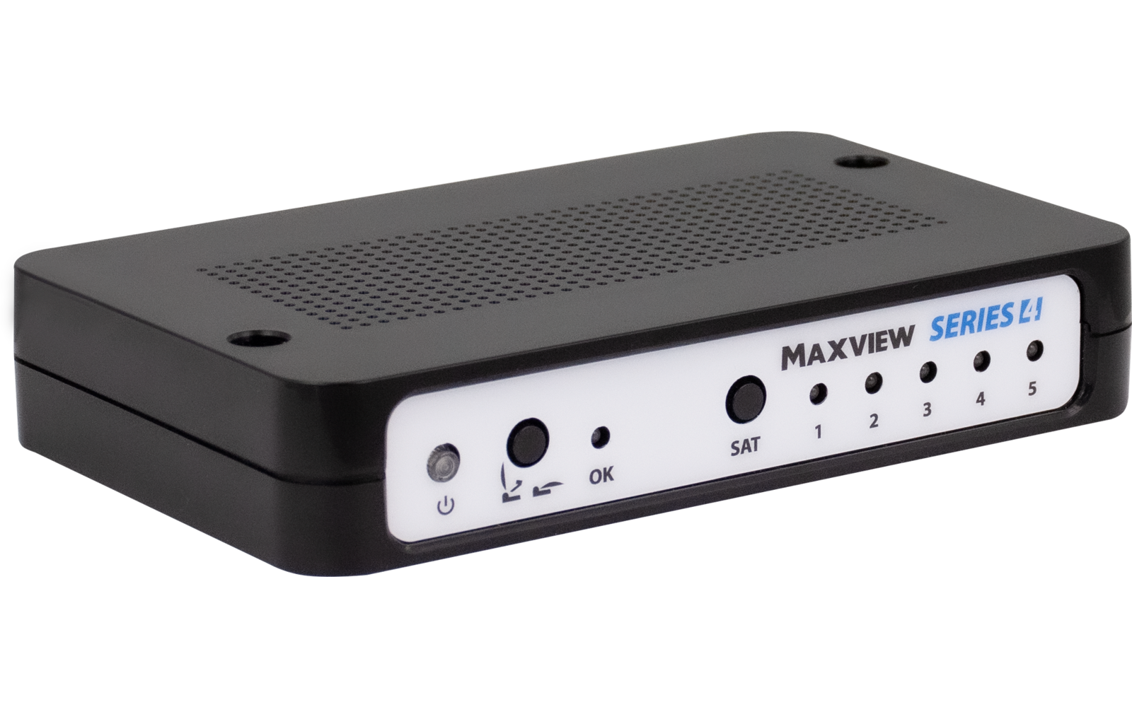 Schwarzes rechteckiges Elektronikgerät mit perforierter Oberseite, weißer Frontplatte mit Knöpfen, LEDs und Aufdruck 'MAXVIEW SERIES E1', 'SAT' und Zahlen 1–5