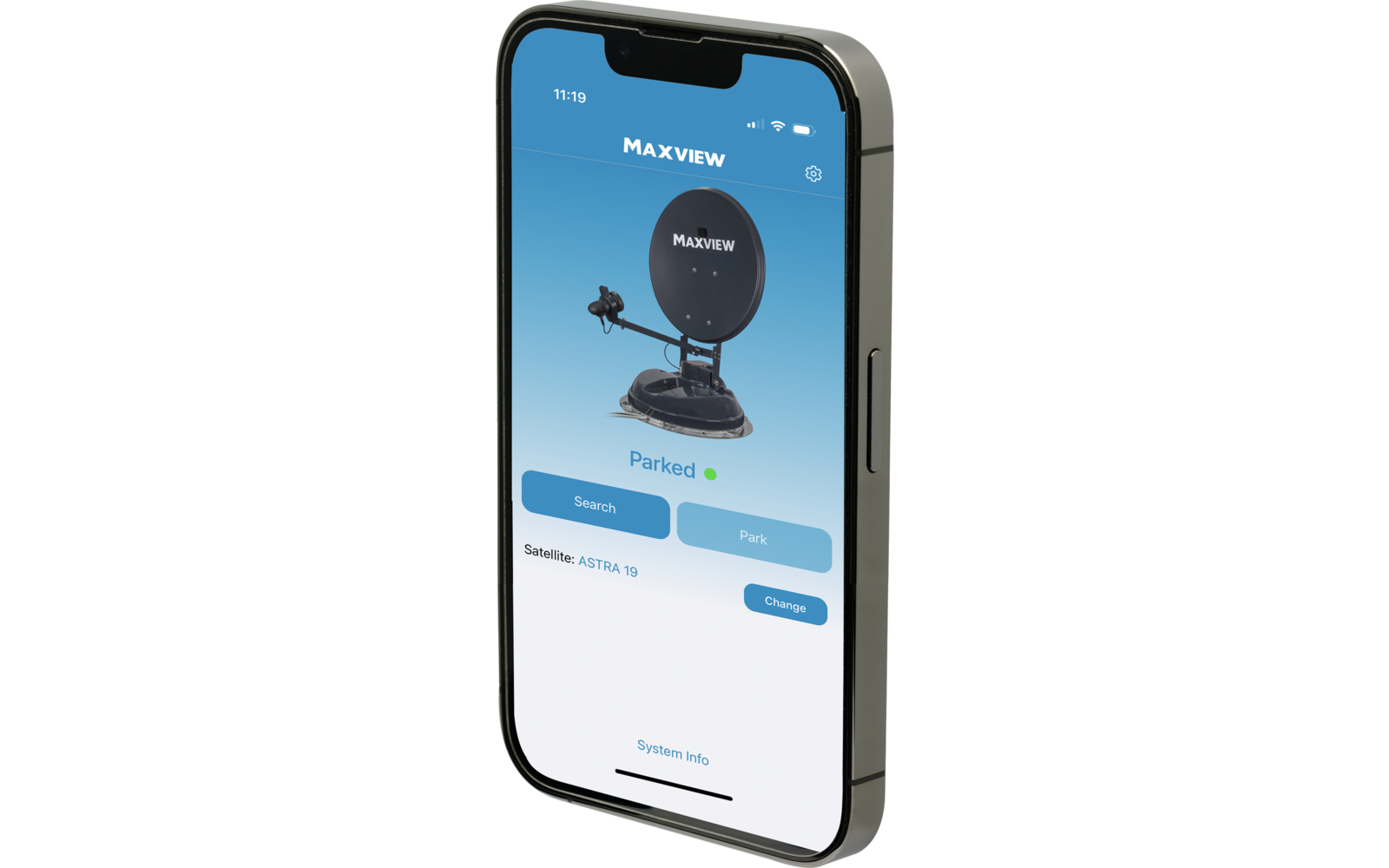 Smartphone zeigt App-Bildschirm mit Schriftzug MAXVIEW, Abbildung einer Satellitenschüssel, Status 'Parked' mit grünem Punkt, Buttons 'Search' und 'Park.', Text 'Satellite: ASTRA 19' und 'Change', Uhrzeit 11:19
