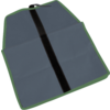 Rectangle plat en tissu gris avec bord vert, bande noire verticale au centre, coutures visibles et petite boucle noire en haut