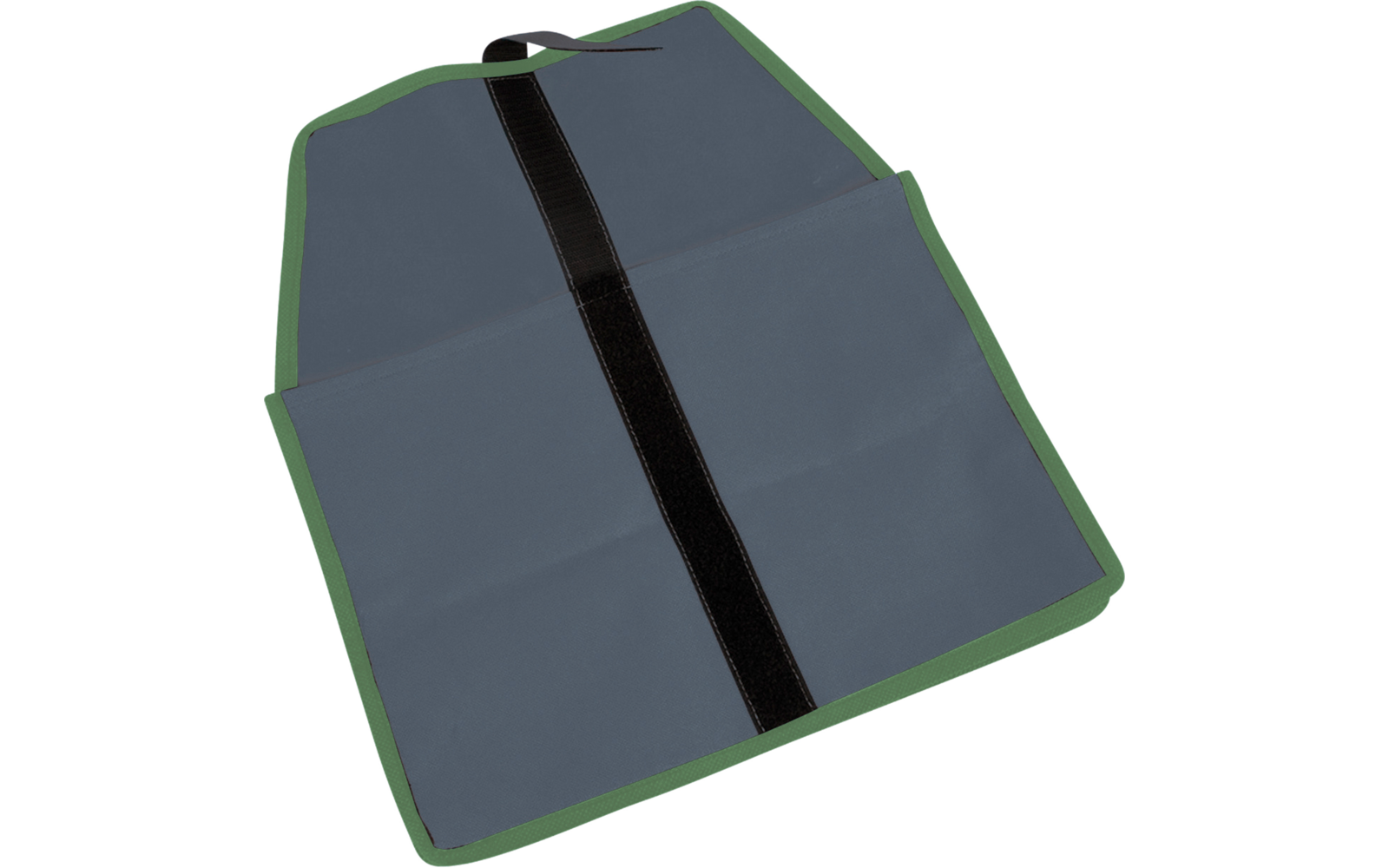 Rectangle plat en tissu gris avec bord vert, bande noire verticale au centre, coutures visibles et petite boucle noire en haut