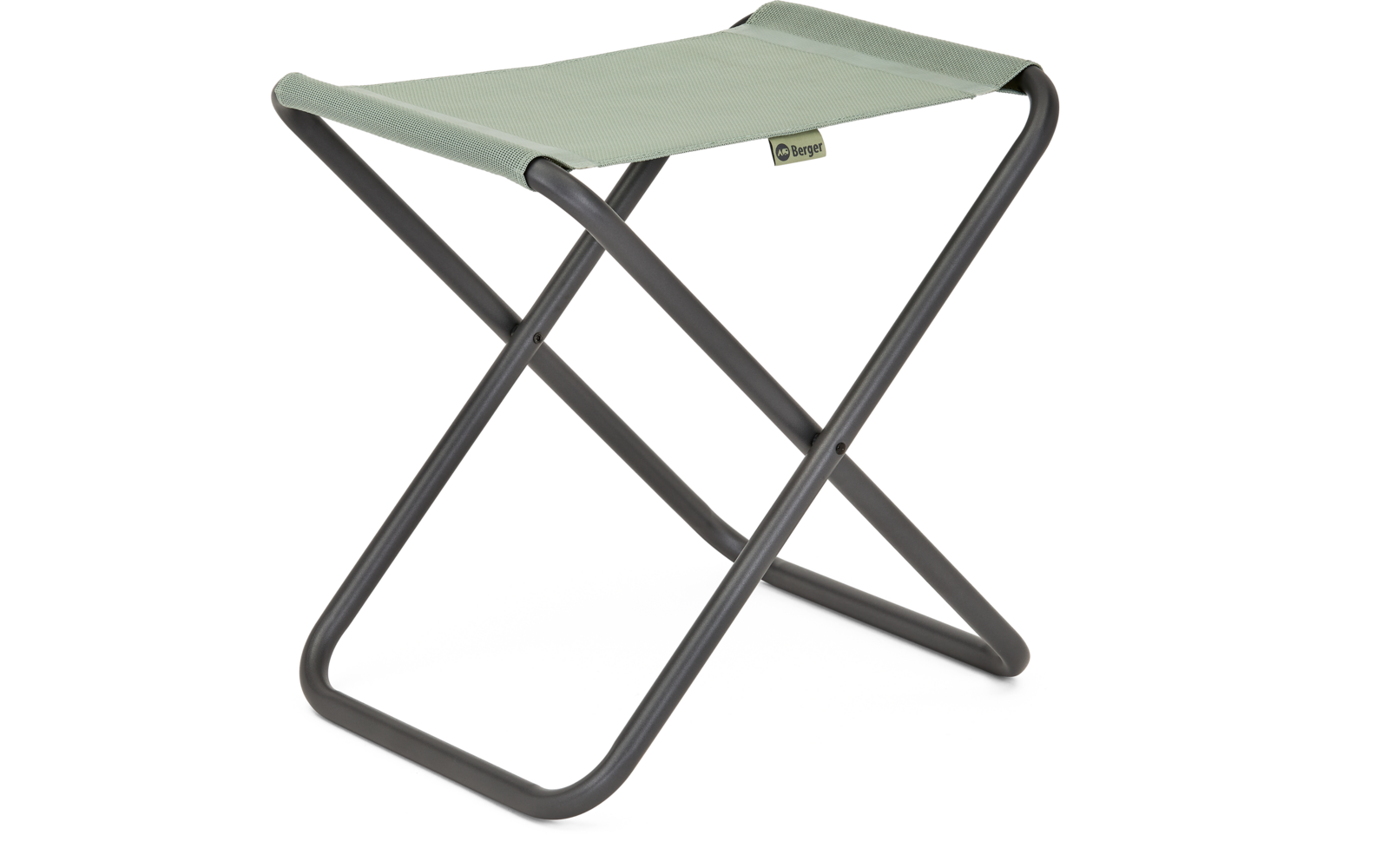 Ein faltbarer Hocker mit grünem Sitz und schwarzem Gestell
