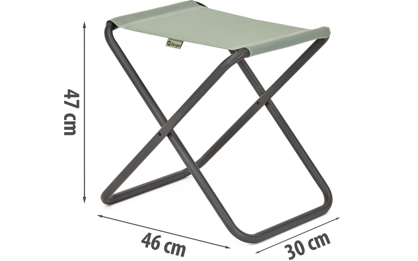 Grüner Klapphocker mit Metallgestell, Maße 47 cm Höhe, 46 cm Breite, 30 cm Tiefe