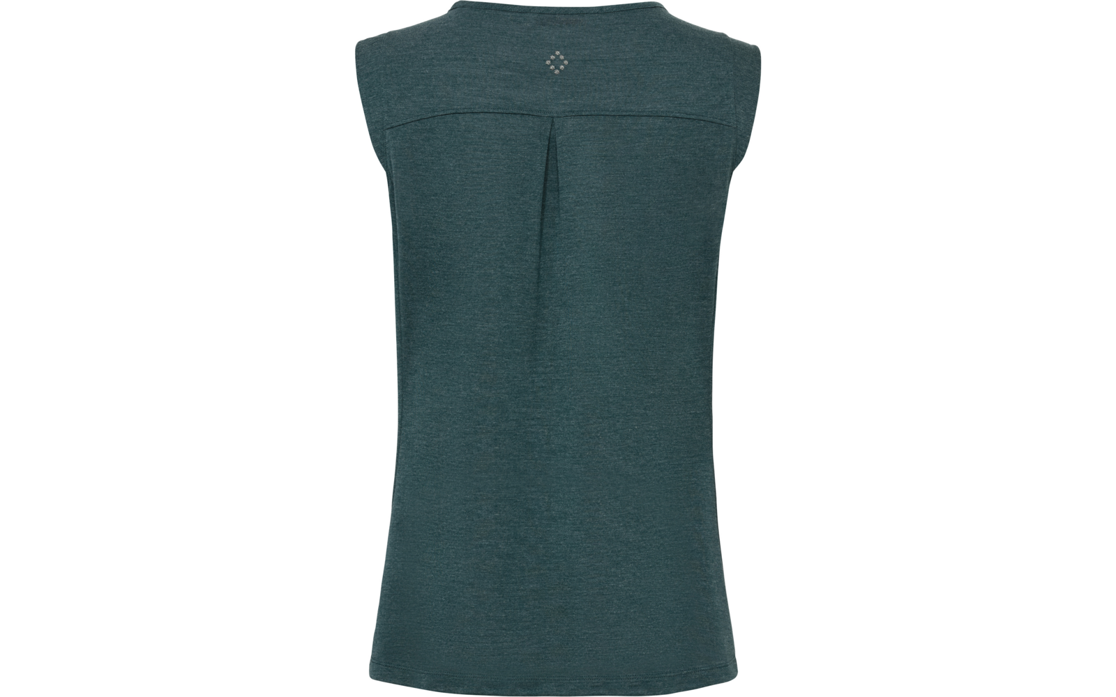 Rückenansicht eines ärmellosen, petrolfarbenen Tops mit zentraler Rückenfalte und kleinem rautenförmigen Logo oben