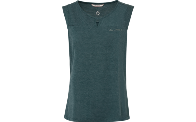 Ärmelloses Top in dunklem petrolfarbenem, meliertem Stoff, Rundhals mit kleiner V‑Einschneidung, kleines Logo links auf der Brust, gerader Saum