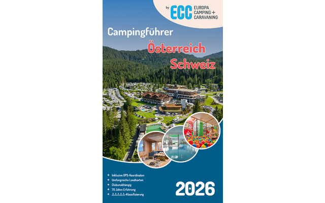 Cover einer Broschüre mit Luftaufnahme eines Campingplatzes in einem bewaldeten Tal, mehreren Gebäuden, Stellplätzen, Grünflächen, einem Pool und drei runden Detailfotos (Innenpool, Holzinterieur, Bällebad); Text 'Campingführer Österreich Schweiz 202