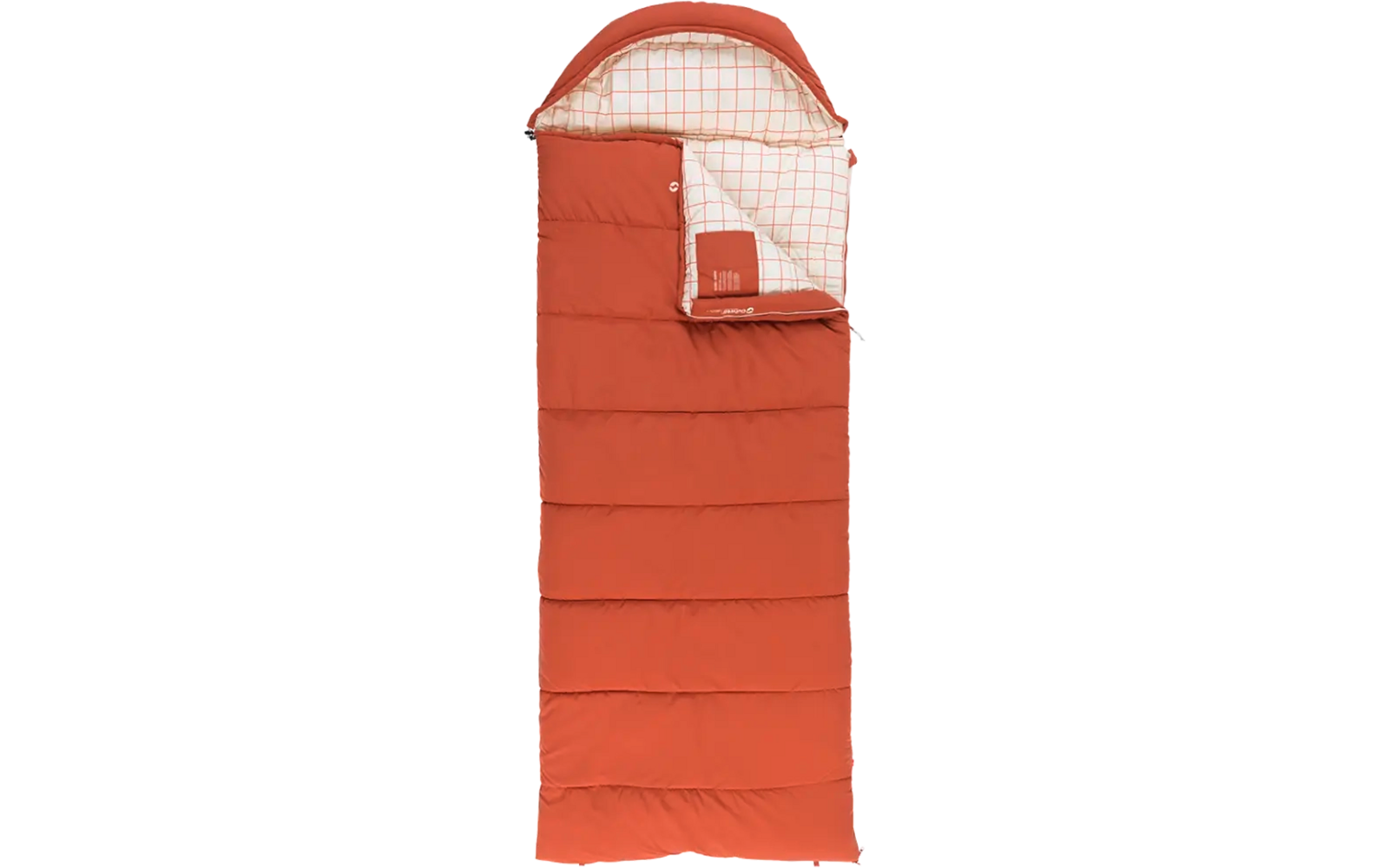 Roter Schlafsack mit Reißverschluss und kariertem Innenfutter