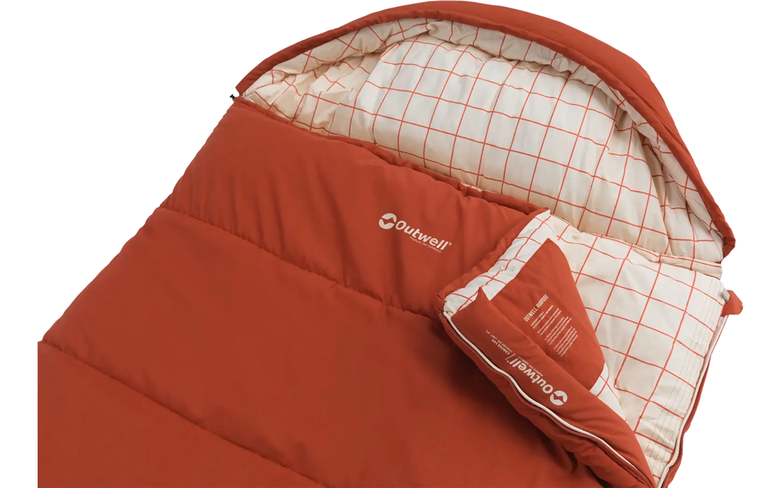 Roter und weiß karierter Schlafsack mit offenem Reißverschluss