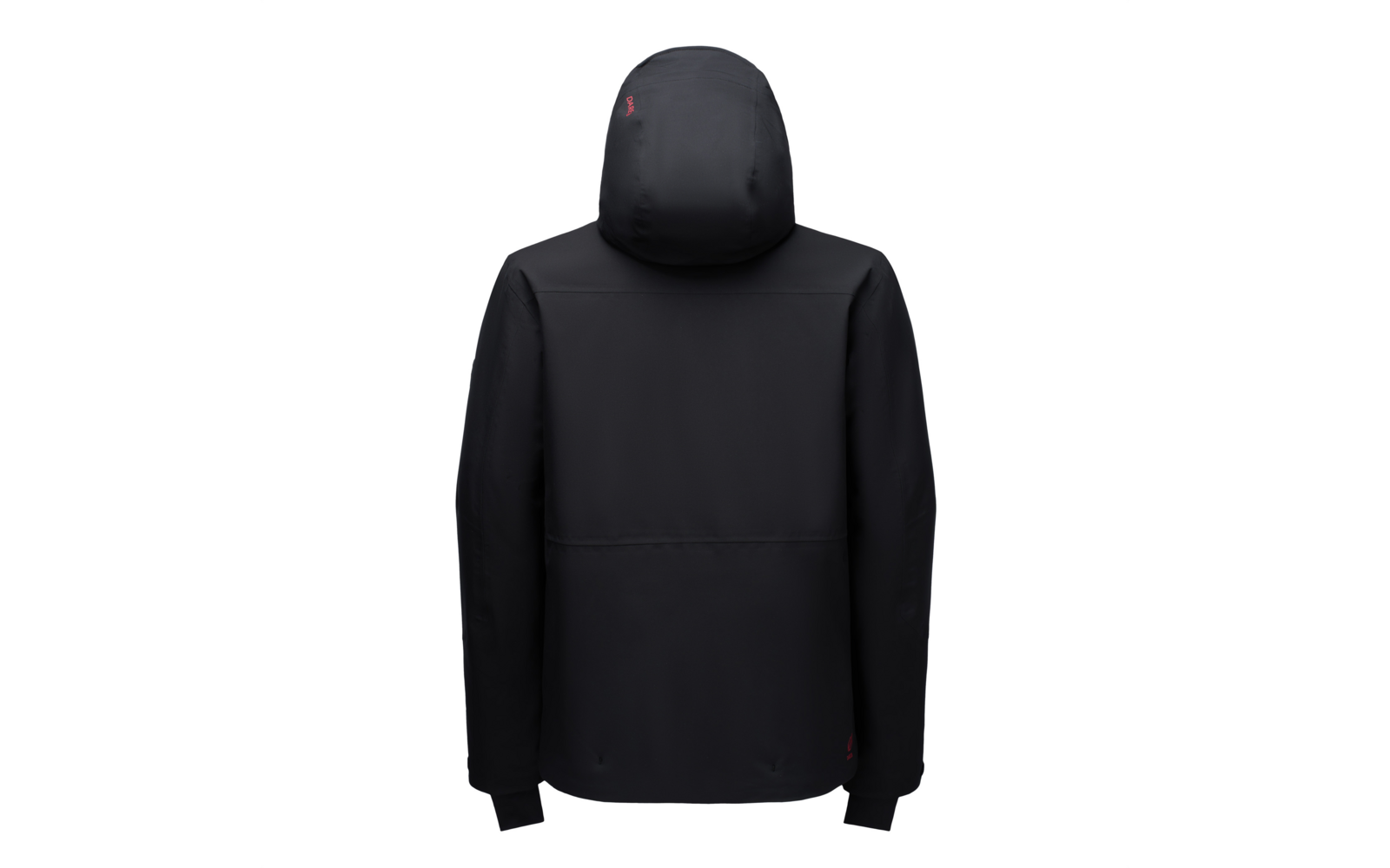 Schwarze Kapuzenjacke, Rückansicht auf weißem Hintergrund, lange Ärmel, Kapuze, kleine rote Logos