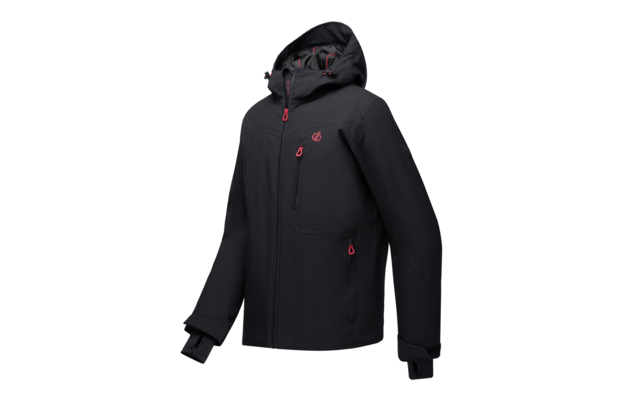 Schwarze Kapuzenjacke mit roten Reißverschluss-Zippern, Brusttasche mit Reißverschluss, zwei Seitentaschen mit Reißverschluss, lange Ärmel mit innenliegender Stulpe, kleines rundes Logo auf der Brust