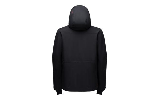 Schwarze Kapuzenjacke, Rückansicht auf weißem Hintergrund, lange Ärmel, Kapuze, kleine rote Logos