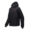 Schwarze Kapuzenjacke mit roten Reißverschluss-Zippern, Brusttasche mit Reißverschluss, zwei Seitentaschen mit Reißverschluss, lange Ärmel mit innenliegender Stulpe, kleines rundes Logo auf der Brust
