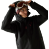 Person in schwarzer Skijacke und Strickmütze setzt eine Skibrille auf, heller Hintergrund