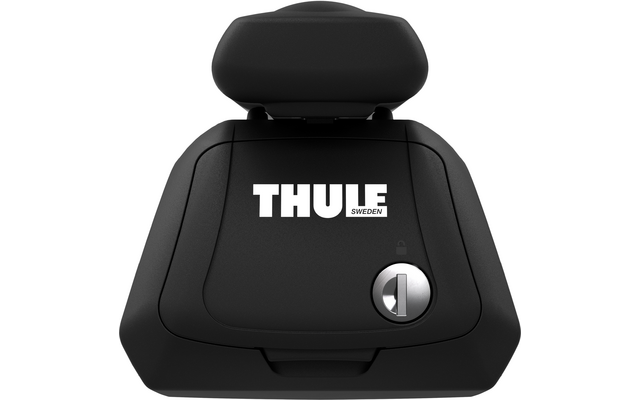 Zwart kunststofhuis met wit 'THULE SWEDEN'-logo, ronde metalen slot met sleuf voor sleutel, gevoerde bovenzijde