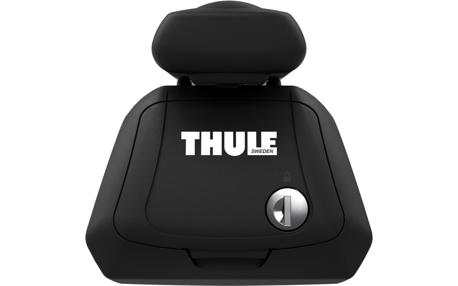 Zwart kunststofhuis met wit 'THULE SWEDEN'-logo, ronde metalen slot met sleuf voor sleutel, gevoerde bovenzijde