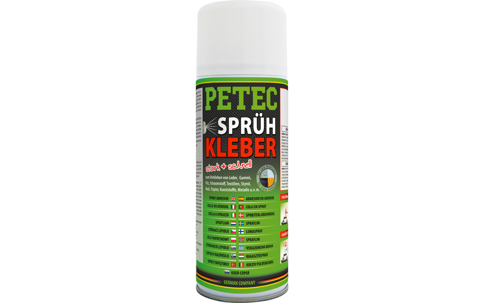 Weiße Sprühdose mit weißer Kappe und schwarzem, grünem und rotem Etikett mit der Aufschrift 'PETEC SPRÜH KLEBER', vor weißem Hintergrund