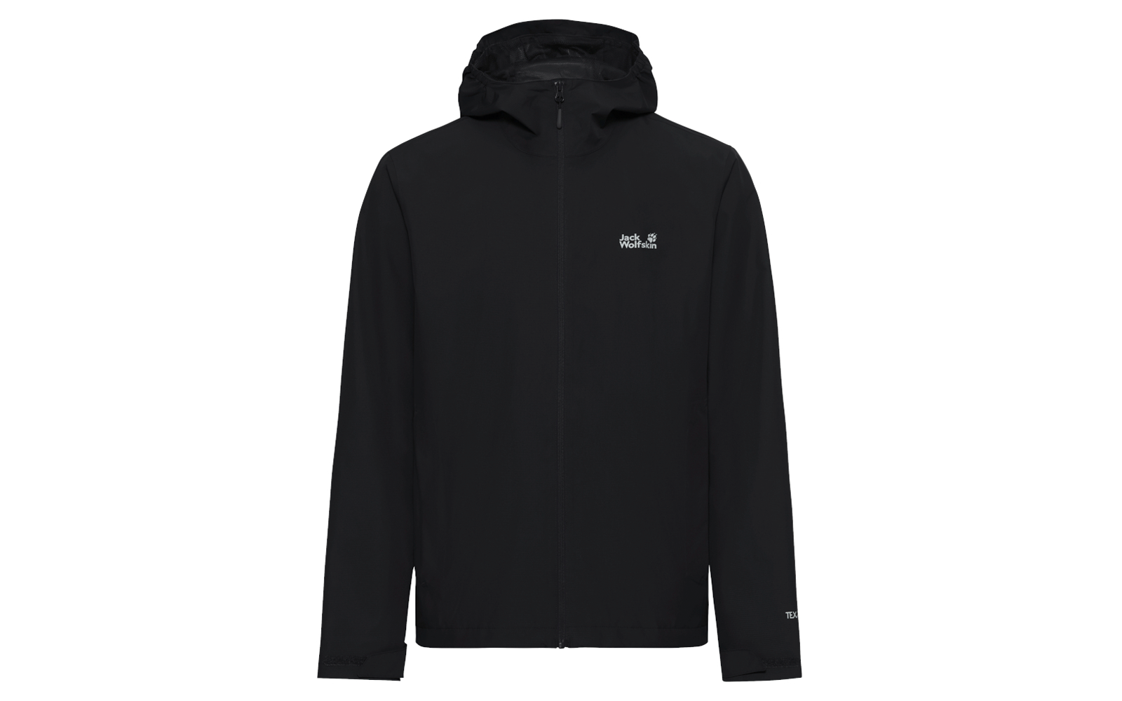 Zwarte capuchonjas met ritssluiting over de volledige lengte en klein wit merklogo op de linkerborst