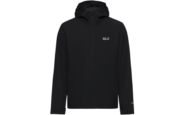 Zwarte capuchonjas met ritssluiting over de volledige lengte en klein wit merklogo op de linkerborst