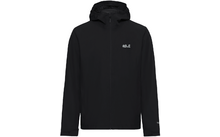 Zwarte capuchonjas met ritssluiting over de volledige lengte en klein wit merklogo op de linkerborst