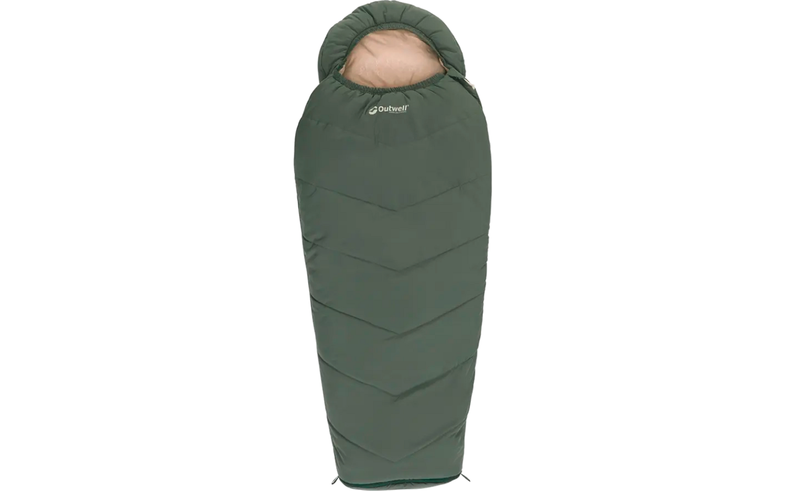 Groene mummy-slaapzak met beige binnenkant en geborduurd Outwell-logo