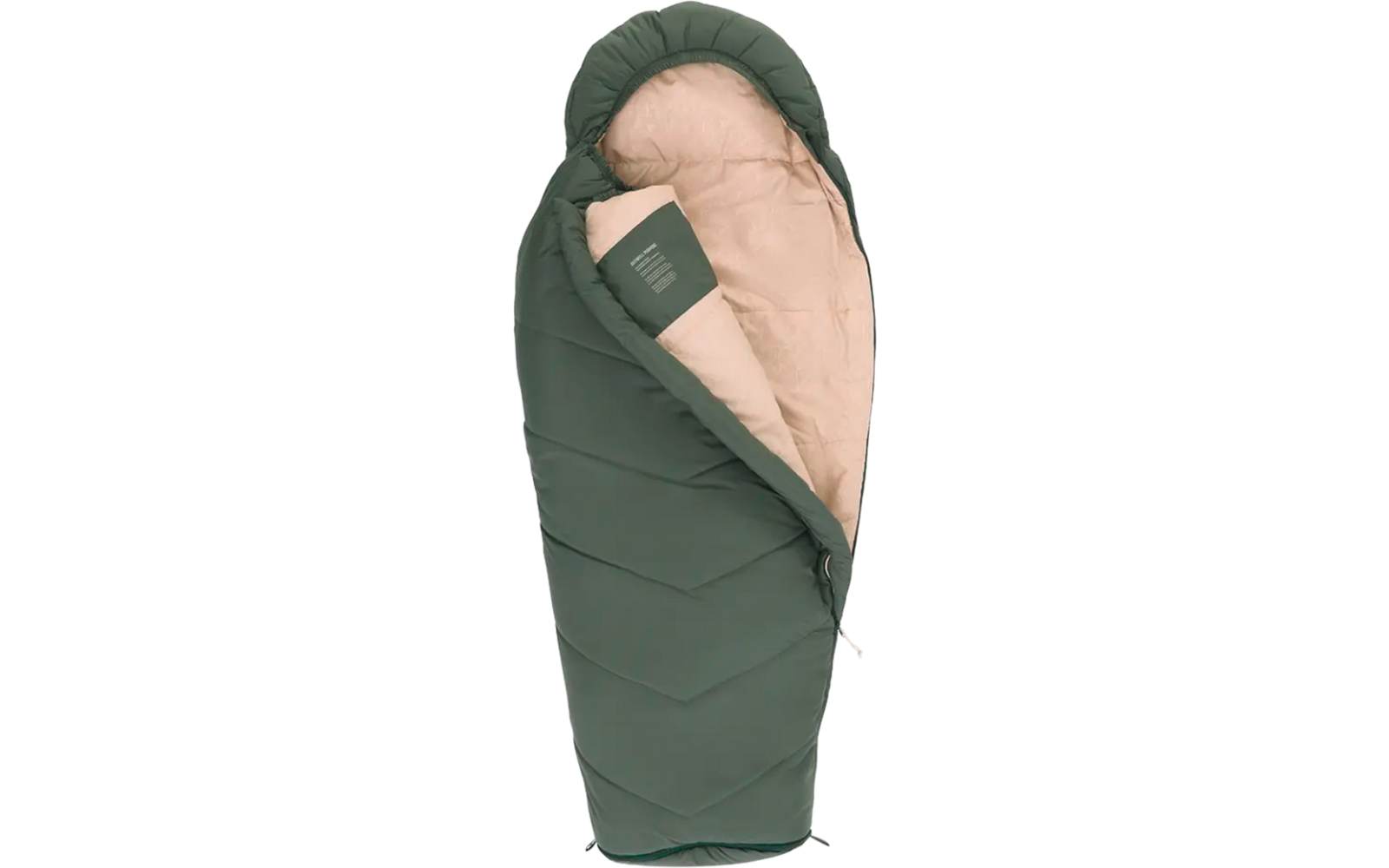 Groene slaapzak met lichtbeige binnenkant en een rits